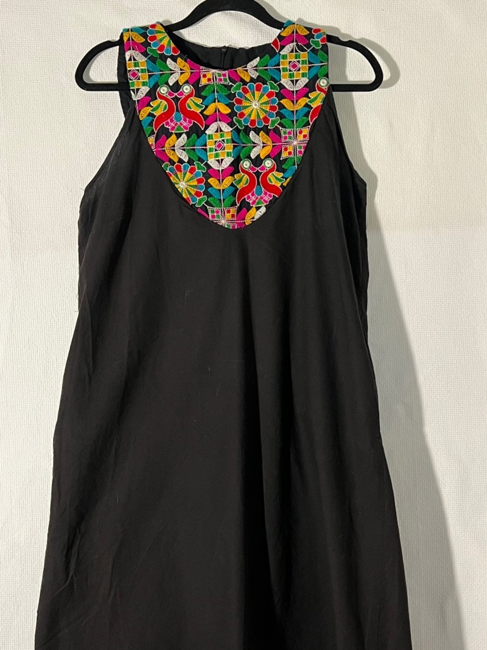 Boho Black Embroidered Multicolor Sleeveless Shift Dress Festive Cotton Blend S